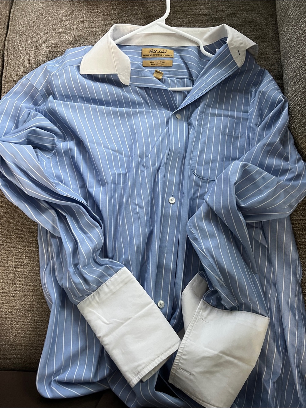 Roundtree & Yorke Light Blue Pinstripe Shirt with White Contrast Collar